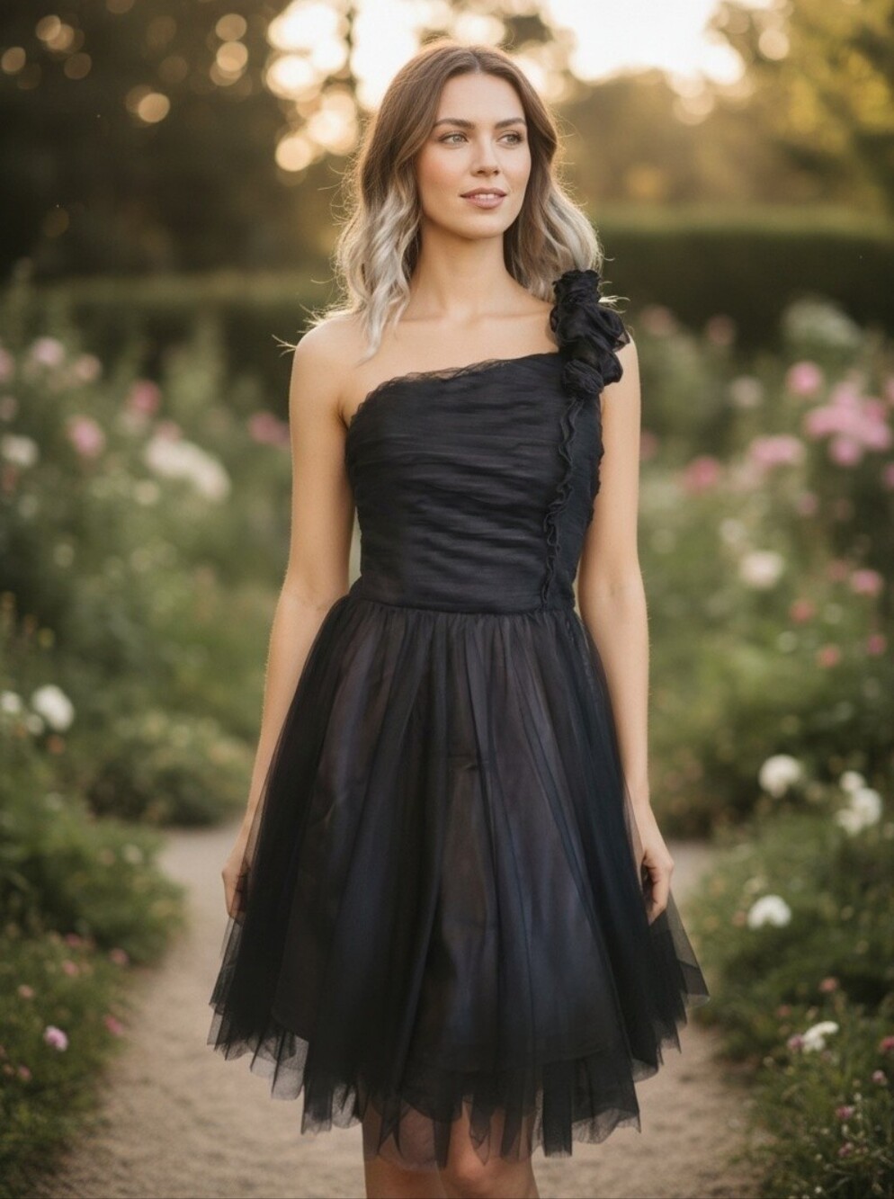 XOXO Cocktail Dress Shoulder Ruffles Rosettes Ruched Tulle Black Junior Sz 3